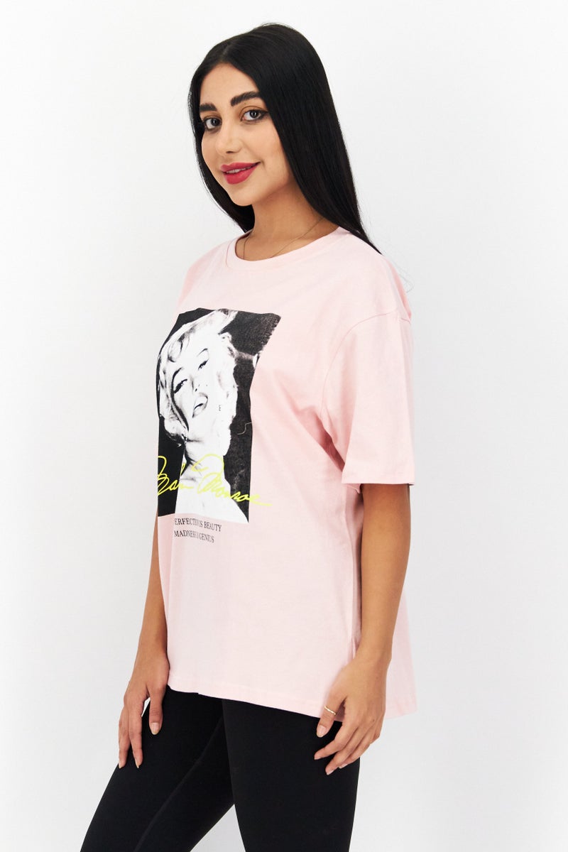 Marilyn Monroe Women Crew Neck Short Sleeve Graphic Print T Shirt, Pink Combo - Image 2